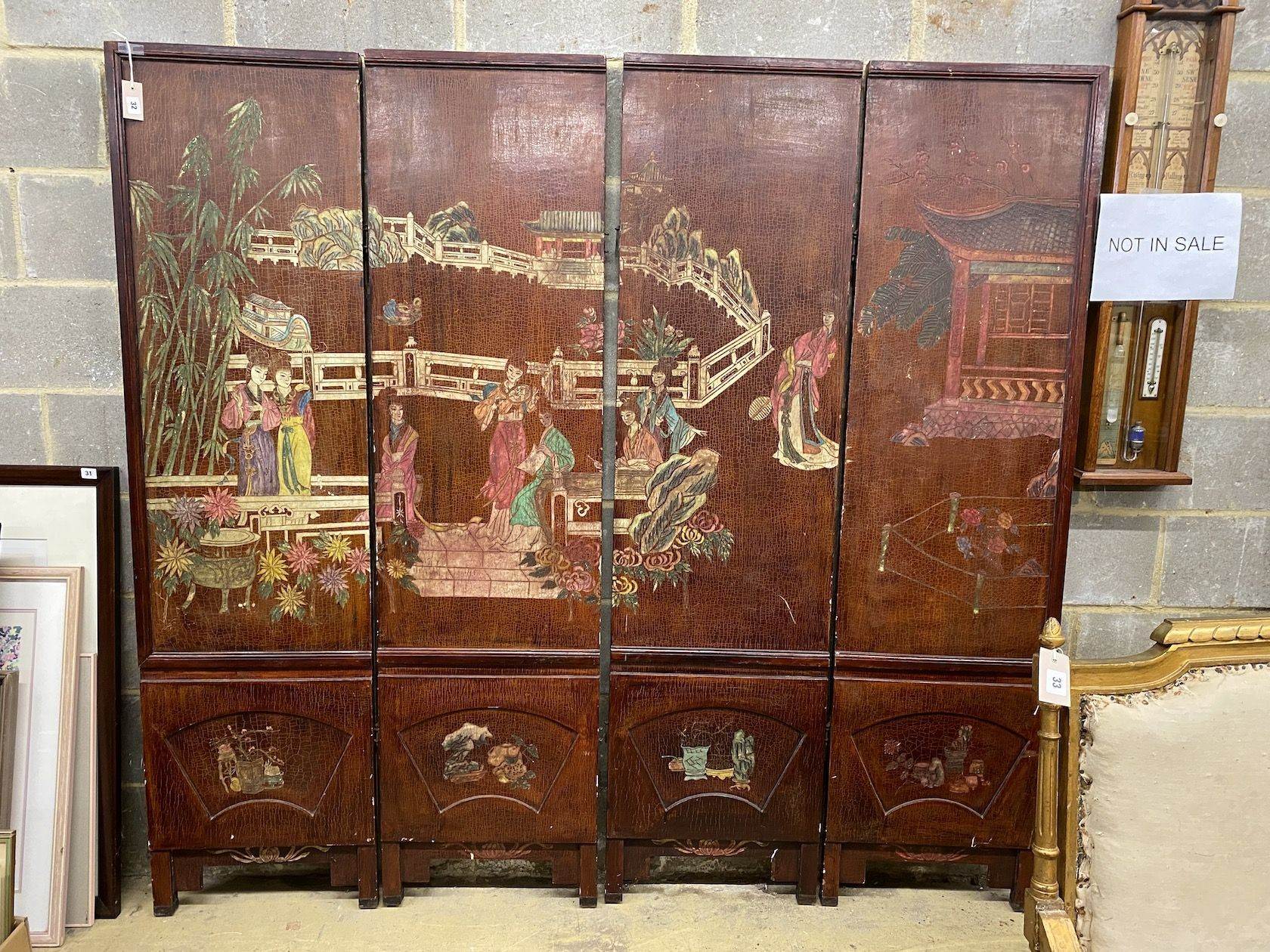 A Chinese style painted four fold screen, each panel width 48cm, height 186cm